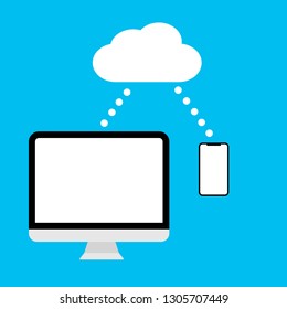 Modern computer, smartphone (cell phone) and sign of cloud technology  at the blue background. Concept of connecting to cloud database storage service.