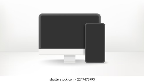 Modern computer and smartphone with empty screens. 3d vector icon