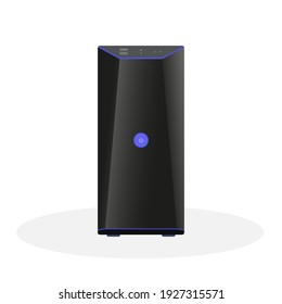 Modern computer system unit in black with a large power button, operation indicators and USB ports on the front panel. Flat vector illustration