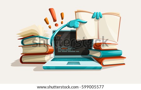 Modern computer technologies education help. Answers from manuals. Paper books library literature with solution tasks. Education and studying concept. Searching for answer. Vector illustration.