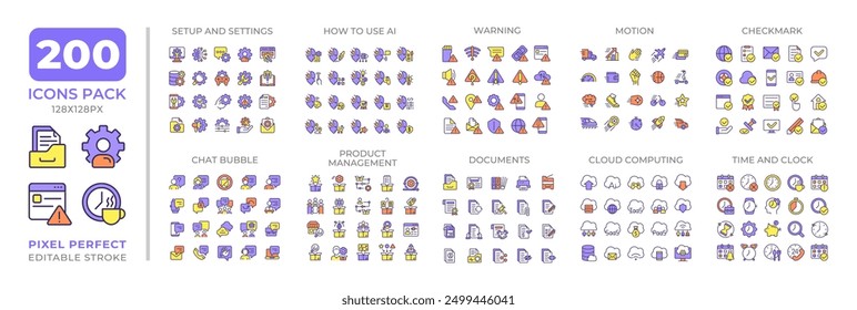 Modern computer technology colorful icons set collection. Warning, motion, checkmark. AI, documents, time mega pack of flat line symbols, pixel perfect. Isolated vector illustrations. Editable stroke