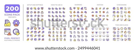 Modern computer technology colorful icons set collection. Warning, motion, checkmark. AI, documents, time mega pack of flat line symbols, pixel perfect. Isolated vector illustrations. Editable stroke