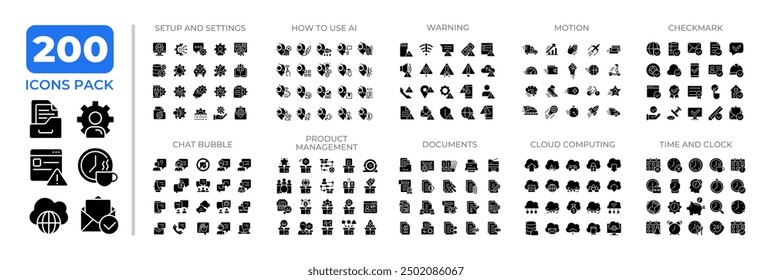 Modern computer technology glyphs icon set collection. Warning, motion, checkmark. AI, documents, time mega pack of black solid symbols, pixel perfect. Isolated vector illustrations. Editable stroke