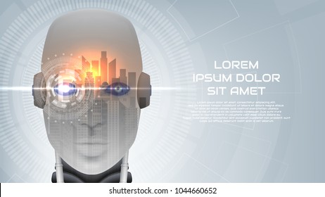 Modern concept banner with robot cybernetic organism. Vector illustration with city landscape. Techno background with cyborg head and virtual HUD interface with augmented reality.