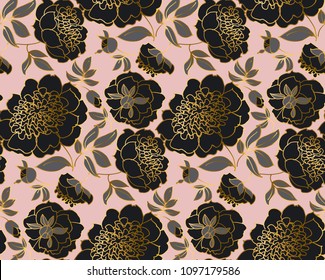 Modern concept black peony flower seamless pattern. Luxury decorative floral endless repeatable motif for wallpaper, wedding invitation, fabric, surface design. stock vector illustration
