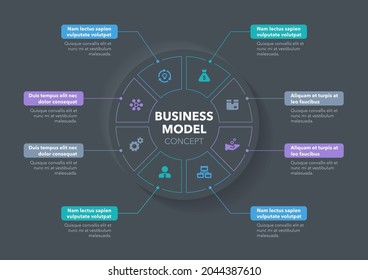 Modern concept for business model diagram with eight steps and place for your description - dark version. Flat infographic design template for website or presentation.