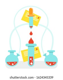The modern concept of the chemical class. Laboratory and items for analysis. Donor blood donation. Vector flat isolated illustration.