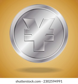 Modern concept with a chinese coin. Silver chinese yuan with shadow on golden background.