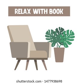 Modern concept with comfortable armchair and flowerpot tropical leaves monstera for design about reading, relaxing or psychologist cabinet.