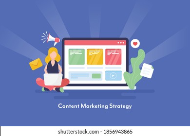 Modern concept of content marketing, Content development, Sharing content on social media - vector illustration with icons