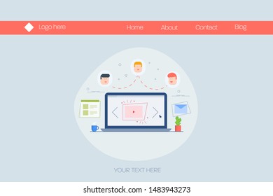 Modern concept of Content marketing, sharing content among audience, user engaged with contents - flat design vector banner with icons and texts