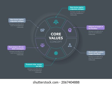Modern concept for core value diagram with six steps and place for your description - dark version. Flat infographic design template for website or presentation.