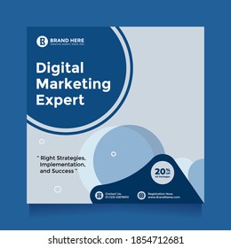 Moderno y limpio marketing de negocios digital azul en medios sociales y promoción de pancartas. Experto en marketing digital, plantilla de volante cuadrado, plantilla de publicación de banners web editable