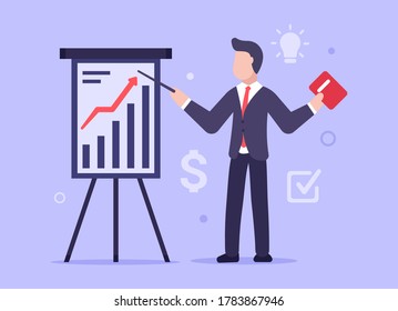 The modern concept of decision business problems. A man in a business suit looking for the best way to make business more efficient. Web banner. Vector illustration in modern flat style. EPS 10.