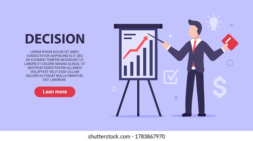 The modern concept of decision business problems. A man in a business suit looking for the best way to make business more efficient. Web banner. Vector illustration in modern flat style. EPS 10.
