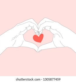 A  modern concept design of hands and heart shape describe love in pastel red pink and white colour in minimal visual especially for Valentine's day and heartwarming style.