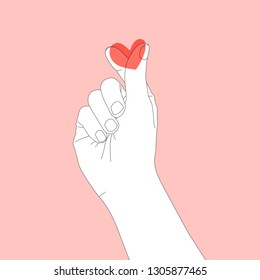 A  modern concept design of hands and heart shape describe love in pastel red pink and white colour in minimal visual especially for Valentine's day and heartwarming style.