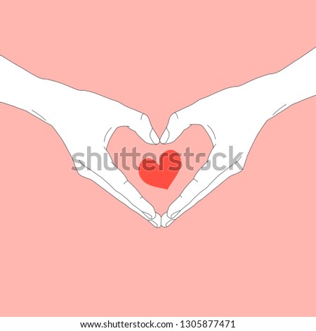 A  modern concept design of hands and heart shape describe love in pastel red pink and white colour in minimal visual especially for Valentine's day and heartwarming style.