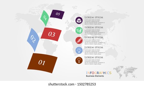 Modern concept design template with 5 options, steps or parts. Flat style infographic options template. 