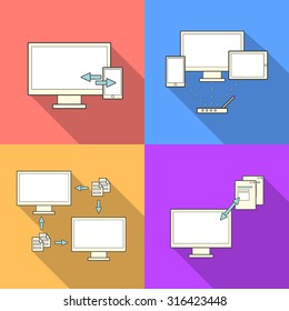 Modern concept design vector illustration icons flat data synchronization, communication devices, file storage, Web transmission.