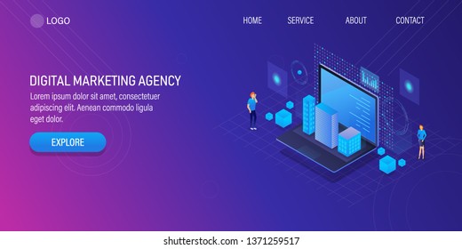 Modern concept - Digital Marketing - Media Technology - Digital Marketing Business - 3D, Isometric landing page template