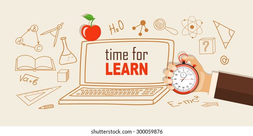 Modern concept for education time with drawing icons and the stopwatch in the hand - eps 10