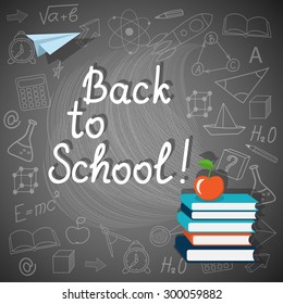 Modern concept for education time with isometric books, paper airplane, text Back to school and hand drawn icons on the  blackboard - eps 10