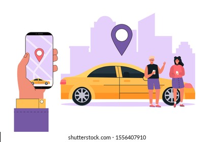 Modern concept family rent car, carsharing service any location city. Cute couple uses mobile application on phone. Vector illustration in flat cartoon style on cityscape background.