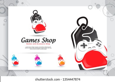 Modern concept game shop vector logo , illustration designs price tag and joystick as a symbol of game shop use for icon template digital in company