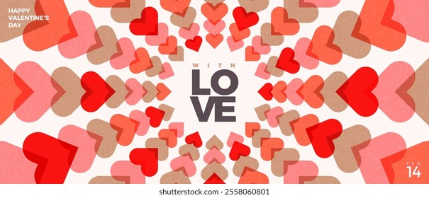Modern concept of Happy Valentines Day greeting card. Abstract art design with hearts and typography. Template for invitation, cover, banner, poster, celebration, flyer. Vector illustration.