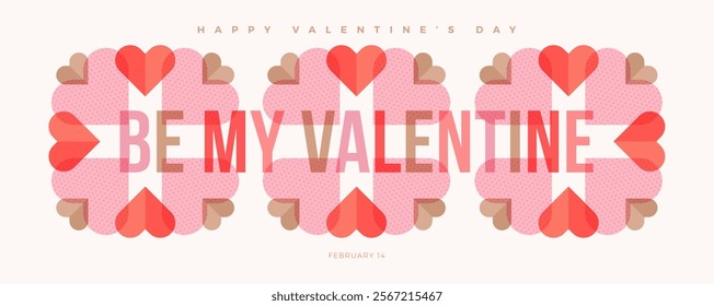 Modern concept of Happy Valentines Day greeting card. Abstract art design with hearts and typography. Template for  invitation, cover, banner, poster, celebration, flyer. Vector illustration.