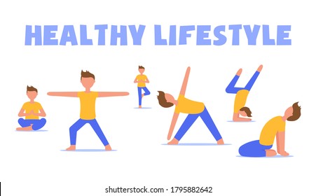 The modern concept of a healthy lifestyle. A set of boys in sportswear doing a variety of sports exercises on the background of the lettering. Can be used for fitness demonstration, yoga and exercise.