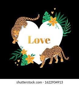 A modern concept with heart and leopards with tropical flowers on the black background. Good for cards, greetings, social media. Vector illustration.