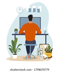 Modern concept illustration about home office, telecommuting, online education. A man sits and works at a computer in a cozy home interior. Flat vector illustration