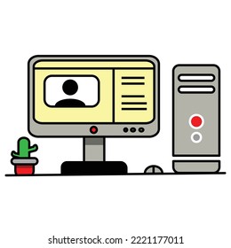 Modern concept, illustration of monitor and CPU computer. icon. Line art. outline. Flat art