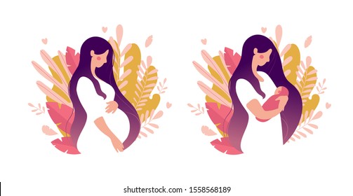Modern concept illustration. Pregnancy and motherhood. A beautiful pregnant woman stands sideways. A young mother holds a newborn in her arms. Natural background with leaves. Stock vector isolated on 