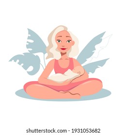 Modern concept illustration. Pregnancy and motherhood. A beautiful pregnant woman stands sideways. A young mother holds a newborn in her arms.Woman meditating in the Lotus holding little child in arms