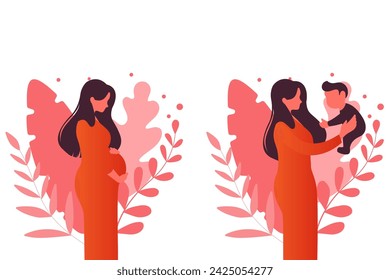 Modern concept illustration. Pregnancy and motherhood. A beautiful pregnant woman stands sideways. A young mother holds a child in her arms. Natural background with leaves. Stock vector