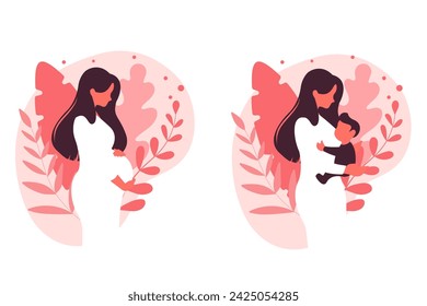 Modern concept illustration. Pregnancy and motherhood. A beautiful pregnant woman stands sideways. A young mother holds a child in her arms. Natural background with leaves. Stock vector