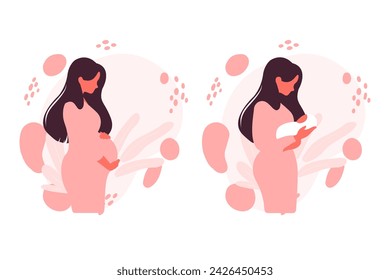 Modern concept illustration. Pregnancy and motherhood. A beautiful pregnant woman stands sideways. A young mother holds a newborn in her arms. Natural background with leaves. Stock vector