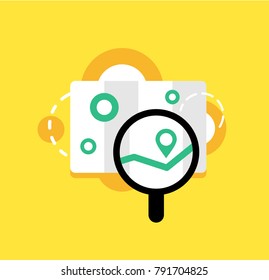 Modern concept illustration of stilyzed map with black magnifier, message, chat, location. Vector illustration, isolated