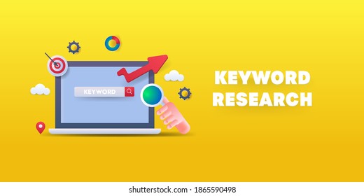 Modern concept of Keyword research, Keyword analysis, SEO keyword selection - vector illustration with icons on isolated background