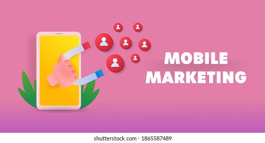 Concepto moderno de marketing móvil, marketing entrante, atracción de clientes con publicidad para smartphones - ilustración vectorial sobre fondo aislado