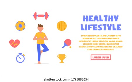 A modern concept on the topic of a healthy lifestyle. A boy in sportswear stands on one leg to balance all the things of a sports lifestyle. Healthy eating, sports, sports equipment and entertainment.