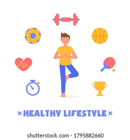A modern concept on the topic of a healthy lifestyle. A boy in sportswear stands on one leg to balance all the things of a sports lifestyle. Healthy eating, sports, sports equipment and entertainment.
