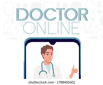 Modern concept online medicine smartphone app doctor online medical assistance flat vector illustration cartoon character design