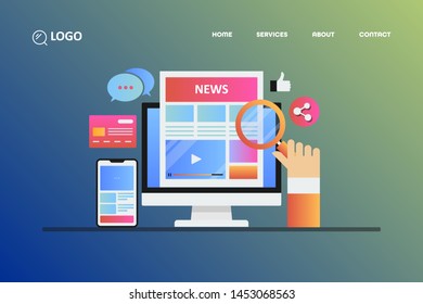 Modern Concept - Online News, Blogging, Digital Publication, - Vector Landing Page Illustration With Icons And Texts