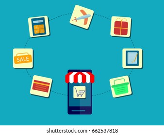Modern Concept of Purchasing Product Via Internet, Mobile Shopping Communication and Delivery Service. Flat design. Vector Illustration