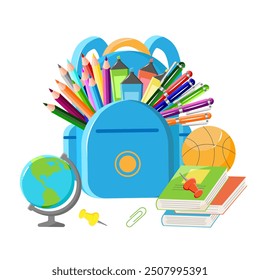 Concepto moderno de útiles escolares con mochila para niños. Regreso a la escuela con diseño, globo, libros, pelota, hojas de otoño en estilo moderno. Colección de Elementos escolares para pegatinas, carteles, Anuncios, ventas.