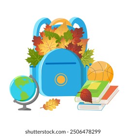 Modern Concept School Supplies for kids. Back to School Design with Backpack, Globe, Books, Ball, Autumn Leaves in Modern Style. Collection of school elements for stickers, posters, banners, sales.
